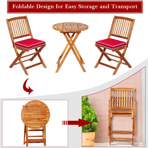 Costway 3PCS Patio Folding Wooden Bistro Set Cushioned Chair Conversation Cushion