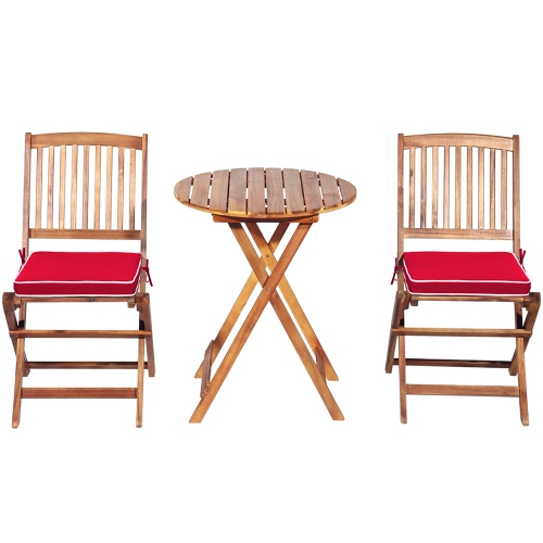Costway 3PCS Patio Folding Wooden Bistro Set Cushioned Chair Conversation Cushion