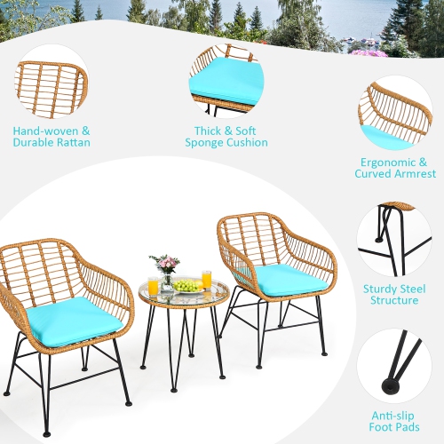 Costway 3PCS Patio Rattan Bistro Furniture Set Cushioned Chair Table