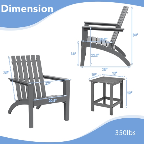 Costway 2PCS Patio Adirondack Chair Side Table Set Solid Wood Garden Deck Grey