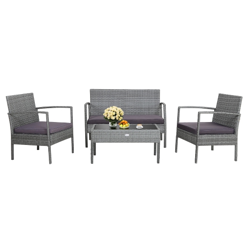 Costway 4 PCS Outdoor Rattan Furniture Set Patio Conversation Sofa Set Cushioned Grey