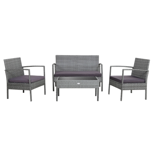 Costway 4 PCS Outdoor Rattan Furniture Set Patio Conversation Sofa Set Cushioned Grey