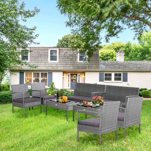 COSTWAY  8 PCs Outdoor Rattan Furniture Set Patio Conversation Sofa Set Cushioned In Grey