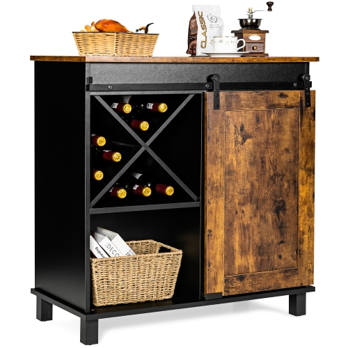 COSTWAY  Kitchen Buffet Storage Cabinet Sideboard W/sliding Barn Door Wine Rack