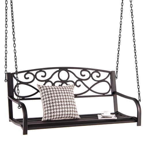 Costway Outdoor 2-Person Metal Porch Swing Hanging Patio Bench 485 Lbs Capacity Black\Brown