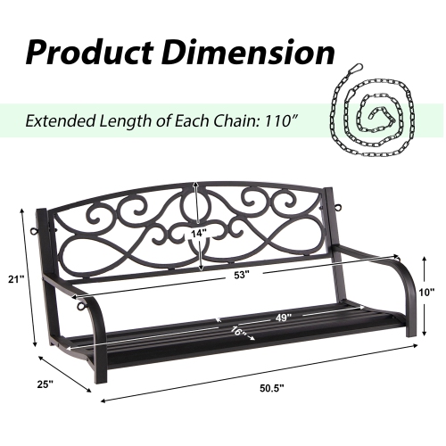 Costway Outdoor 2-Person Metal Porch Swing Hanging Patio Bench 485 Lbs Capacity Black\Brown