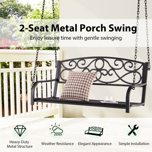 Costway Outdoor 2-Person Metal Porch Swing Hanging Patio Bench 485 Lbs Capacity Black\Brown