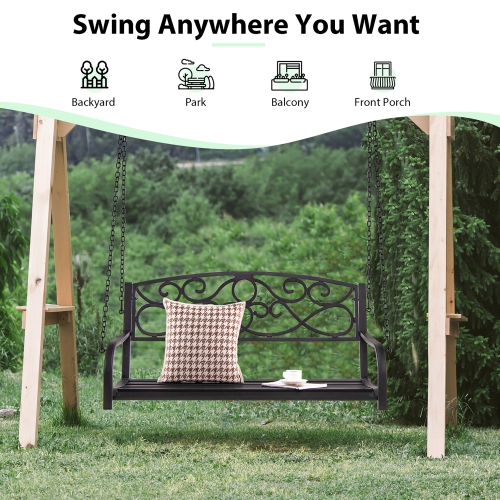 Costway Outdoor 2-Person Metal Porch Swing Hanging Patio Bench 485 Lbs Capacity Black\Brown
