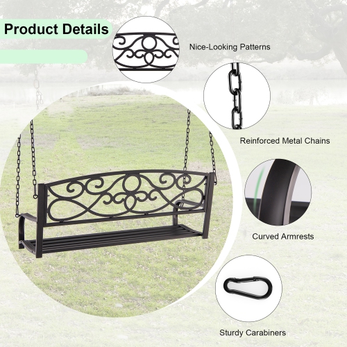 Costway Outdoor 2-Person Metal Porch Swing Hanging Patio Bench 485 Lbs Capacity Black\Brown