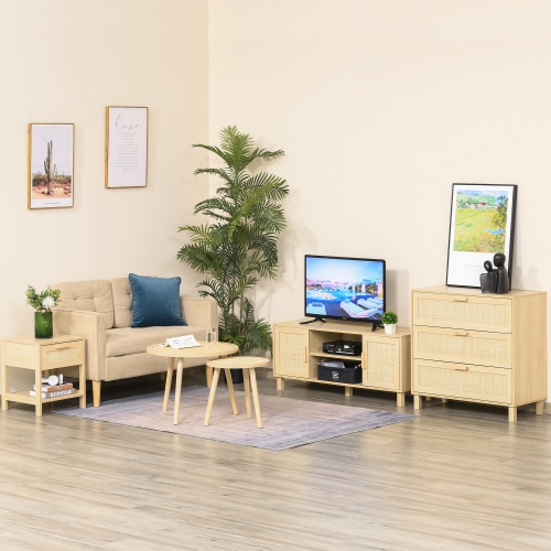 HOMCOM Narrow Nightstand with Rattan Elements, Bedside Table with Drawer and Storage Shelf for Bedroom, Natural