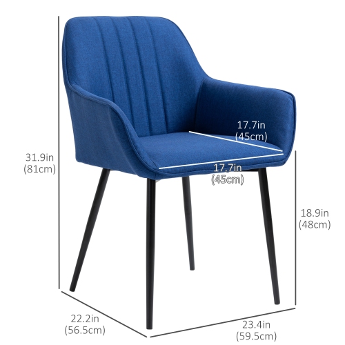 HOMCOM Dining Chairs Set of 2, Upholstered Kitchen Chairs, Linen Fabric Accent Arm Chairs with Metal Legs, Dark Blue