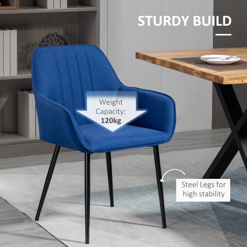 HOMCOM Dining Chairs Set of 2, Upholstered Kitchen Chairs, Linen Fabric Accent Arm Chairs with Metal Legs, Dark Blue