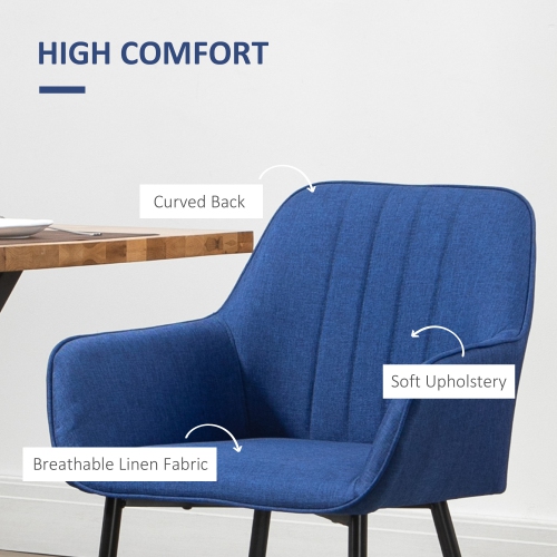 HOMCOM Dining Chairs Set of 2, Upholstered Kitchen Chairs, Linen Fabric Accent Arm Chairs with Metal Legs, Dark Blue