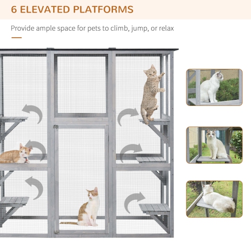 PawHut Outdoor Catio Cat Enclosure, Large Weatherproof Cat House with Asphalt Roof, 6 Jumping Platforms, Wooden Walk-in Kitty Cage for Multiple