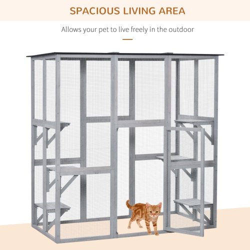 PawHut Outdoor Catio Cat Enclosure, Large Weatherproof Cat House with Asphalt Roof, 6 Jumping Platforms, Wooden Walk-in Kitty Cage for Multiple