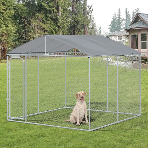 PawHut Outdoor Dog Kennel with Roof, Dog Run with Waterproof & UV-Resistant Cover, Secure Lock, for Backyard & Patio, 9.8' x 9.8' x 7.7'