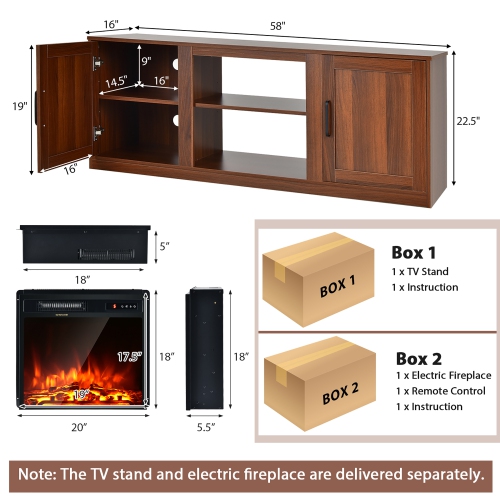 Costway 58" Fireplace TV Stand Entertainment Console W/ 18" Electric Fireplace