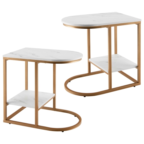 COSTWAY  2PCs C-Shaped Side Table 2-Tier End Table W/ Storage Modern Compact Snack Table