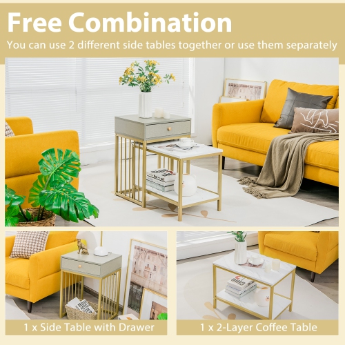 Costway Set of 2 Nesting Coffee Table Drawer Shelf Modern Sofa Side Table Steel Frame