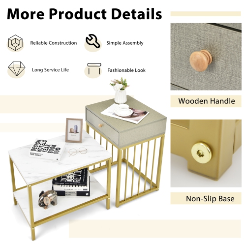 Costway Set of 2 Nesting Coffee Table Drawer Shelf Modern Sofa Side Table Steel Frame