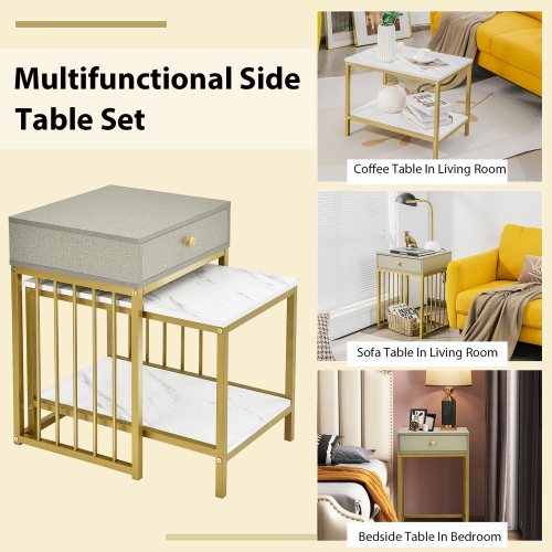 Costway Set of 2 Nesting Coffee Table Drawer Shelf Modern Sofa Side Table Steel Frame