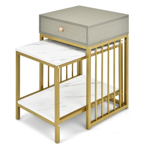 Costway Set of 2 Nesting Coffee Table Drawer Shelf Modern Sofa Side Table Steel Frame