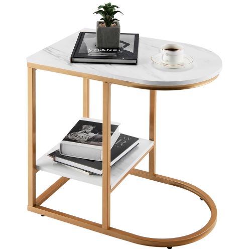 COSTWAY  C-Shaped Side Table 2-Tier End Table With Storage Modern Compact Snack Table