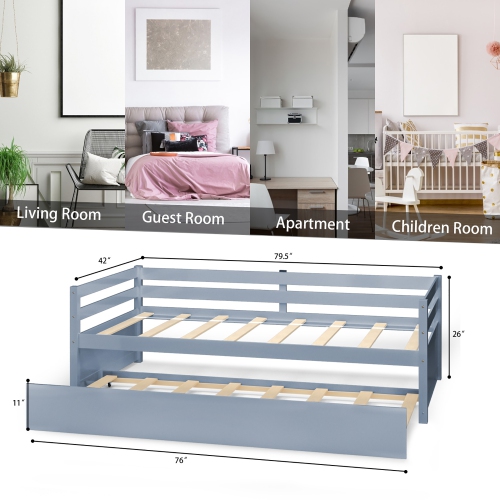 Costway Twin Size Trundle Daybed Wooden Slat Support Mattress Platform for Kids