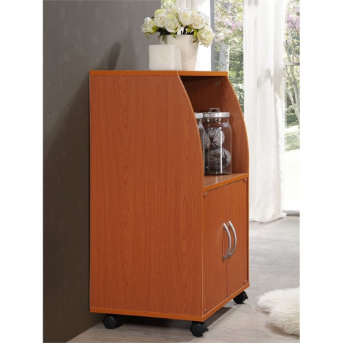 Hodedah Modern Wooden Microwave Kitchen Cart in Cherry Finish
