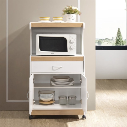 Hodedah Microwave Contemporary Wooden Kitchen Cart in White Finish