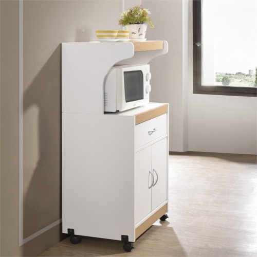 Hodedah Microwave Contemporary Wooden Kitchen Cart in White Finish