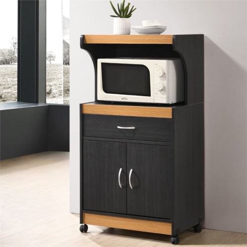 Hodedah Microwave Contemporary Wooden Kitchen Cart in Black-Beige Finish