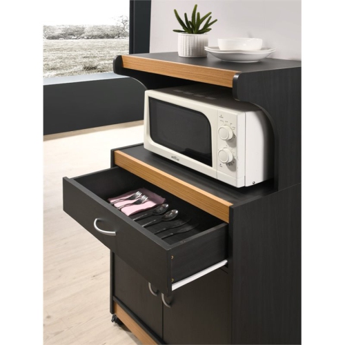 Hodedah Microwave Contemporary Wooden Kitchen Cart in Black-Beige Finish