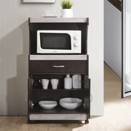 Hodedah Microwave Contemporary Wooden Kitchen Cart in Chocolate-Grey Finish