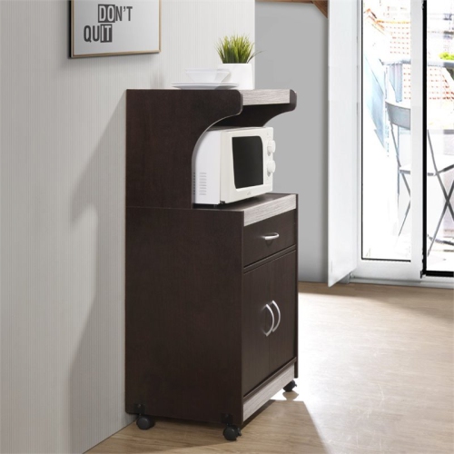 Hodedah Microwave Contemporary Wooden Kitchen Cart in Chocolate-Grey Finish
