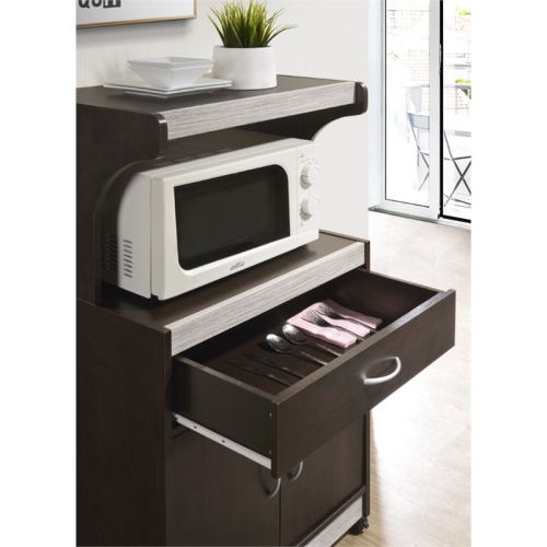 Hodedah Microwave Contemporary Wooden Kitchen Cart in Chocolate-Grey Finish