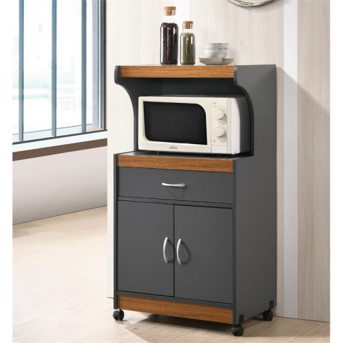 Hodedah Microwave Contemporary Wooden Kitchen Cart in Grey-Oak Finish