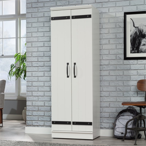 Pemberly Row 2-Barn Door Engineered Wood Narrow Storage Cabinet in Soft White