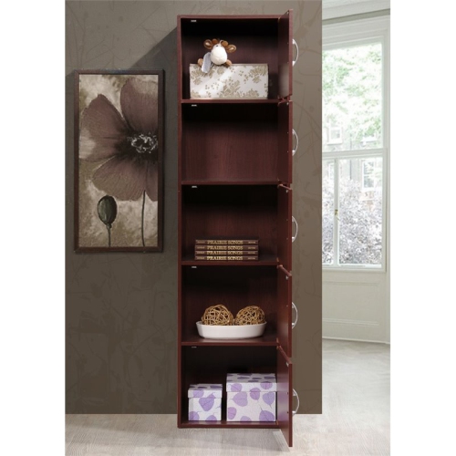 Hodedah 5 Shelf 5 Door Multi-Purpose Wooden Bookcase in Mahogany Finish