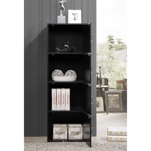 Hodedah 4 Shelf 4 Door Multi-Purpose Wooden Bookcase in Black Finish