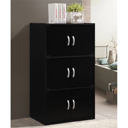 Hodedah 3 Shelf 6 Door Multi-Purpose Wooden Bookcase in Black Finish