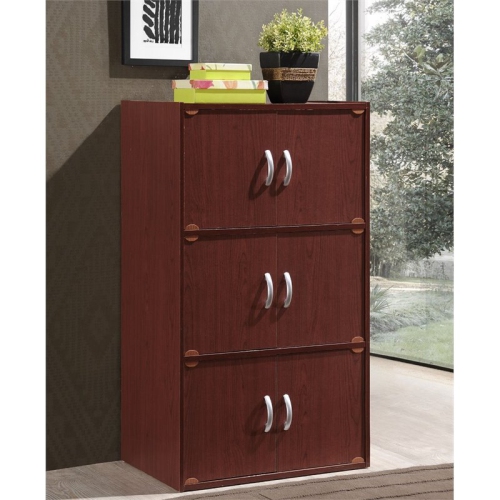 Hodedah 3 Shelf 6 Door Multi-Purpose Wooden Bookcase in Mahogany Finish