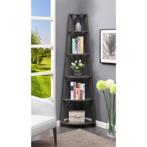 Convenience Concepts Newport Five-Tier Corner Bookcase in Gray Wood Finish