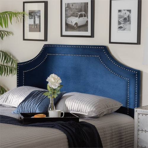 Bowery Hill Velvet and Wood Queen Headboard in Navy Blue