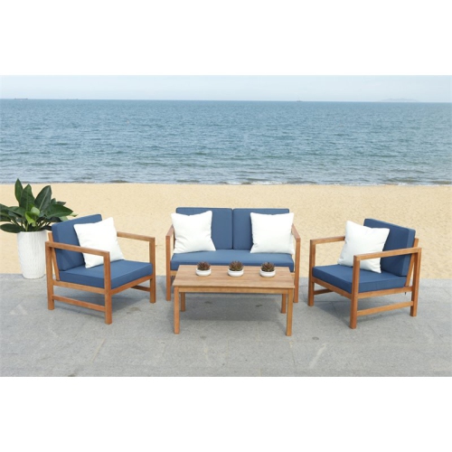 SAFAVIEH  Montez 4 Piece Patio Sofa Set In Teak Brown And Navy