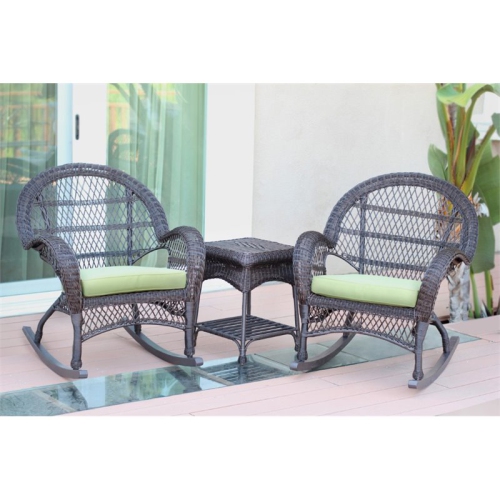 JECO INC.  Jeco 3 Piece Wicker Conversation Set In Espresso With Cushions In Green