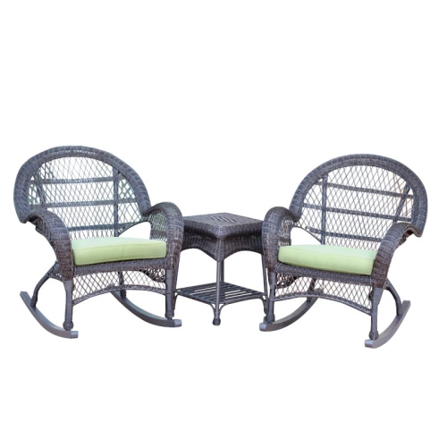 Jeco 3 Piece Wicker Conversation Set in Espresso with Green Cushions