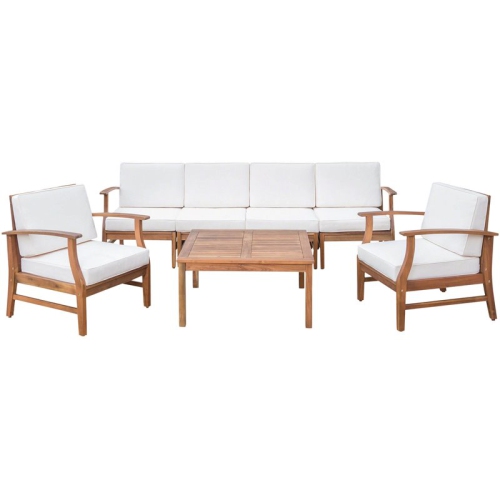 AFUERA LIVING  Outdoor 6 Seater Teaked Acacia Wood Sofa Set & Cream Cushions