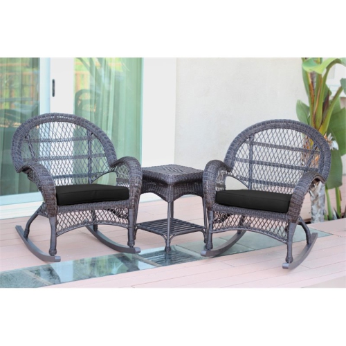 JECO INC.  Jeco 3 Piece Wicker Conversation Set In Espresso With Cushions In Black