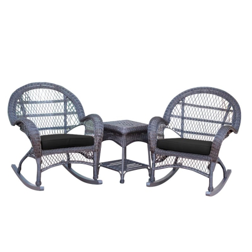 Jeco 3 Piece Wicker Conversation Set in Espresso with Black Cushions